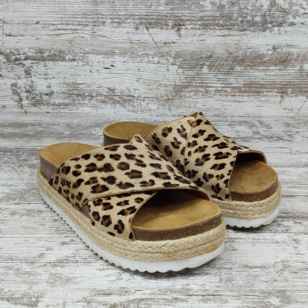 Like New Office Girl Leopard Calf Hair Flatform Espadrille Slide Sandal - Picture 8 of 16